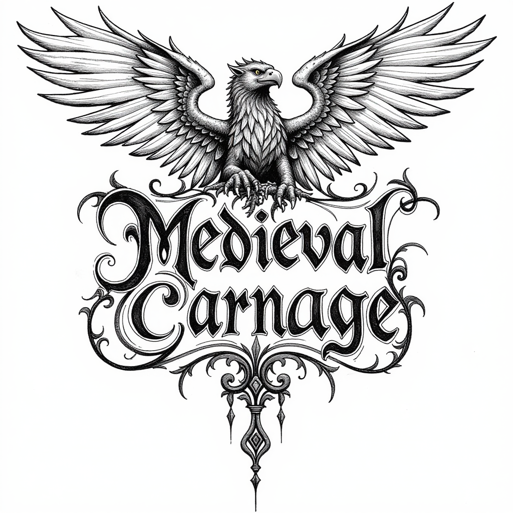 Medieval Carnage emblem: an ink-drawn heraldic griffon perched over ornate lettering.